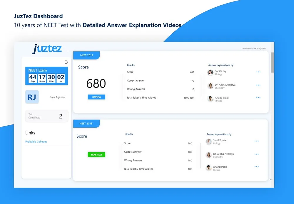 Juztez NEET test dashboard